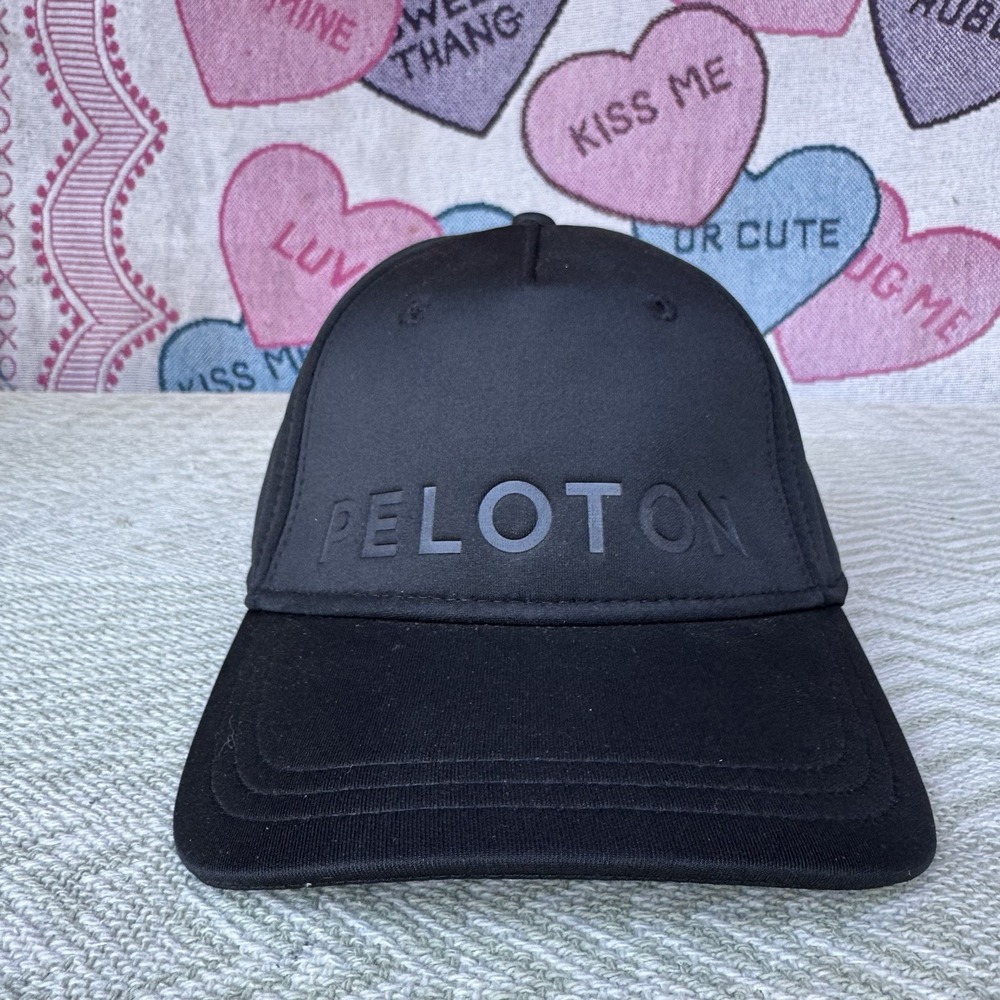 Peloton Adjustable Hat Cap Cycling Embossed Black Baseball Red Strap Back EUC